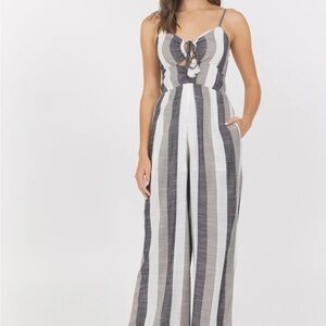Vintage Havana Black and White Striped Jumpsuit with Tie-Front